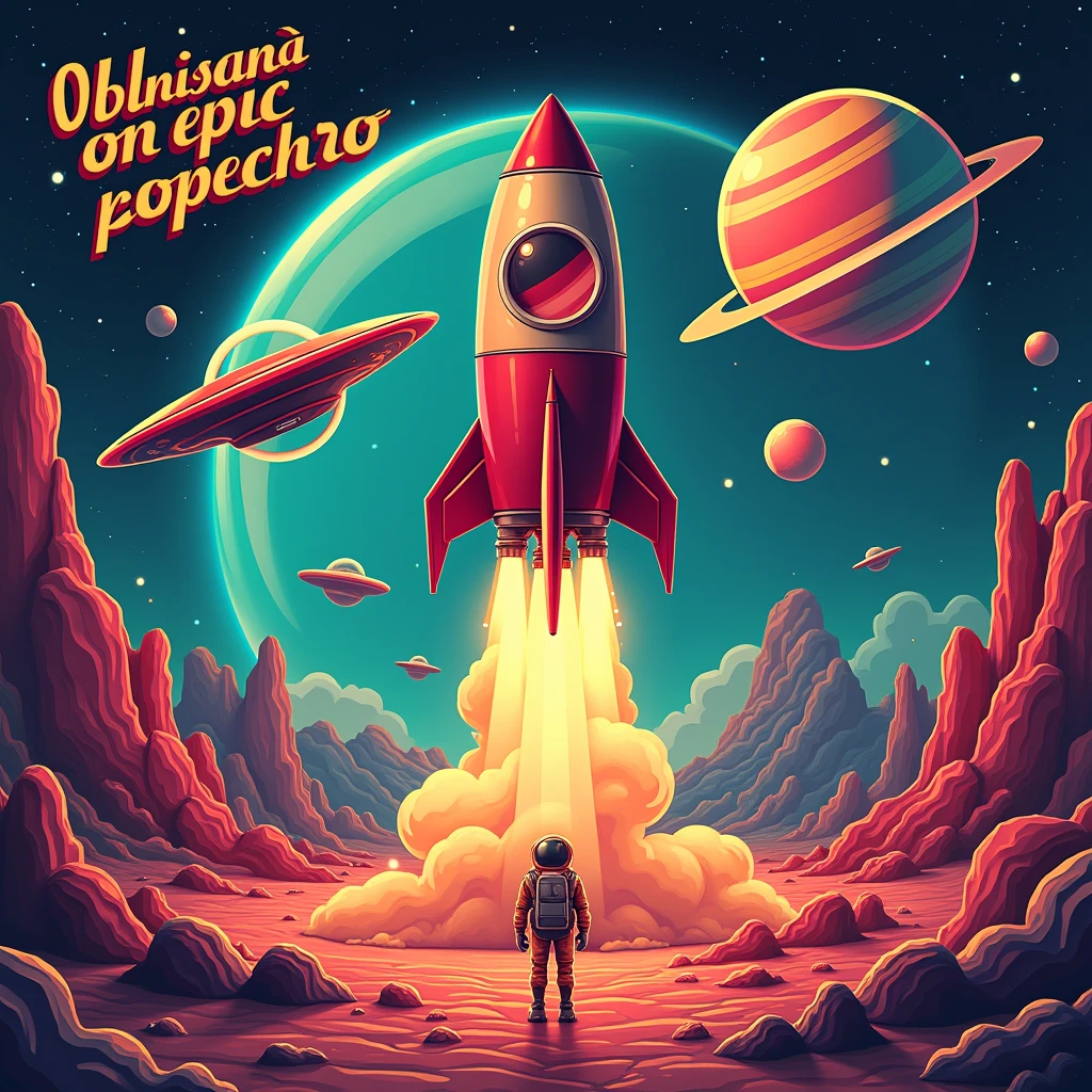 A design poster, (graffiti art, metallic letters, poster saying "50K"). Another medium text saying "OBRIGADO", "THANK YOU", "GRACIAS"). It features a classic rocket ship launching from an alien landscape with flying saucers, astronaut, and a ringed colorful planet in the background. The title is in bold, graffiti style typography with a catchy tagline, "An Epic Adventure". Text saying "GUSTAVO YABAI"