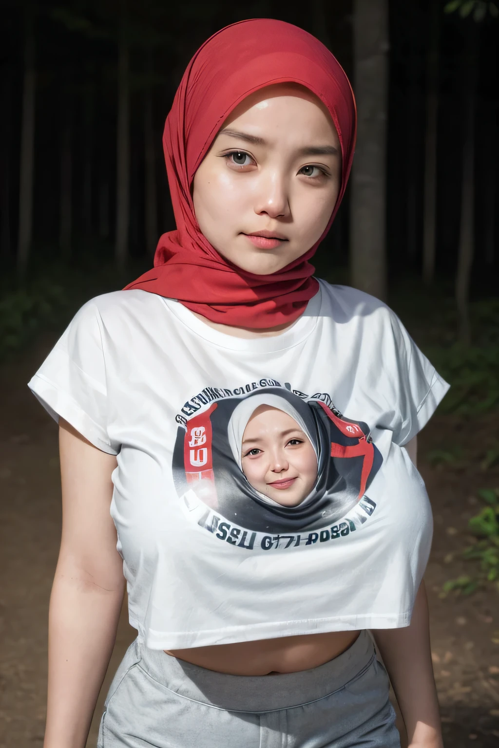 ((CROPPED CROPPED 77 NUMBER TSHIRT)), ((HIJAB GIRL STYLISH)) & ((WEARING HOTPANTS)), masutepiece, High quality, UHD 32K, Realistic face, Realistic skin feeling , A Japanese Lady, 5 matured lady, , Very cute (((FLAT CHEST))), (Night time at forest), ((look In front  at the camera and SADNESS)), (((CUTE GIRL))), ((Gigantic:1.64))