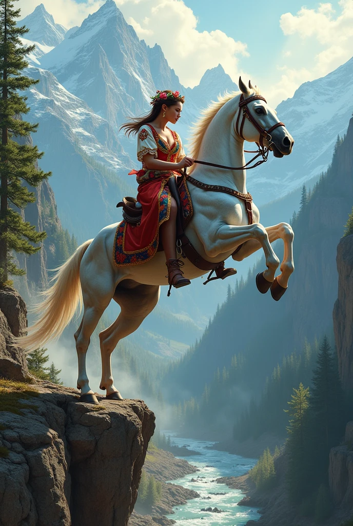 ultra detail, super high resolution, wallpaper, top view, sits on a horse bending over the mane holding the reins beautiful
Slavic woman 20 years old, Slavic bright multi-colored clothes embroidered shirt 1880, the horse carried her and jumps on its hind legs from the highest cliff to another cliff on the other bank,
in her hair a wreath of flowers, earrings and a chain, white boots in the stirrup, the horse's coat is dapple, background pine forest, river, mountains in the snow