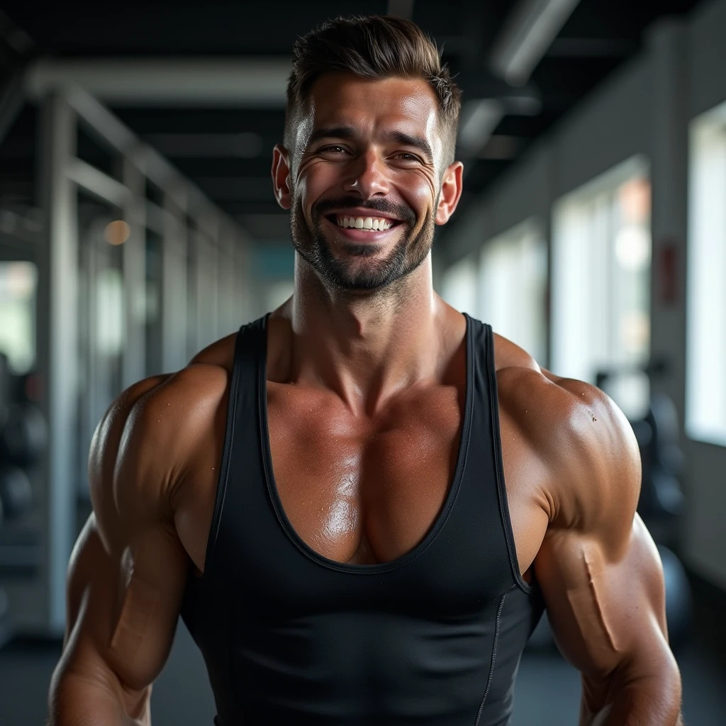 Man in gym, with seductive smile, wearing compression clothing, looking happy, covered in sweat, wearing compression clothing, tired, panting