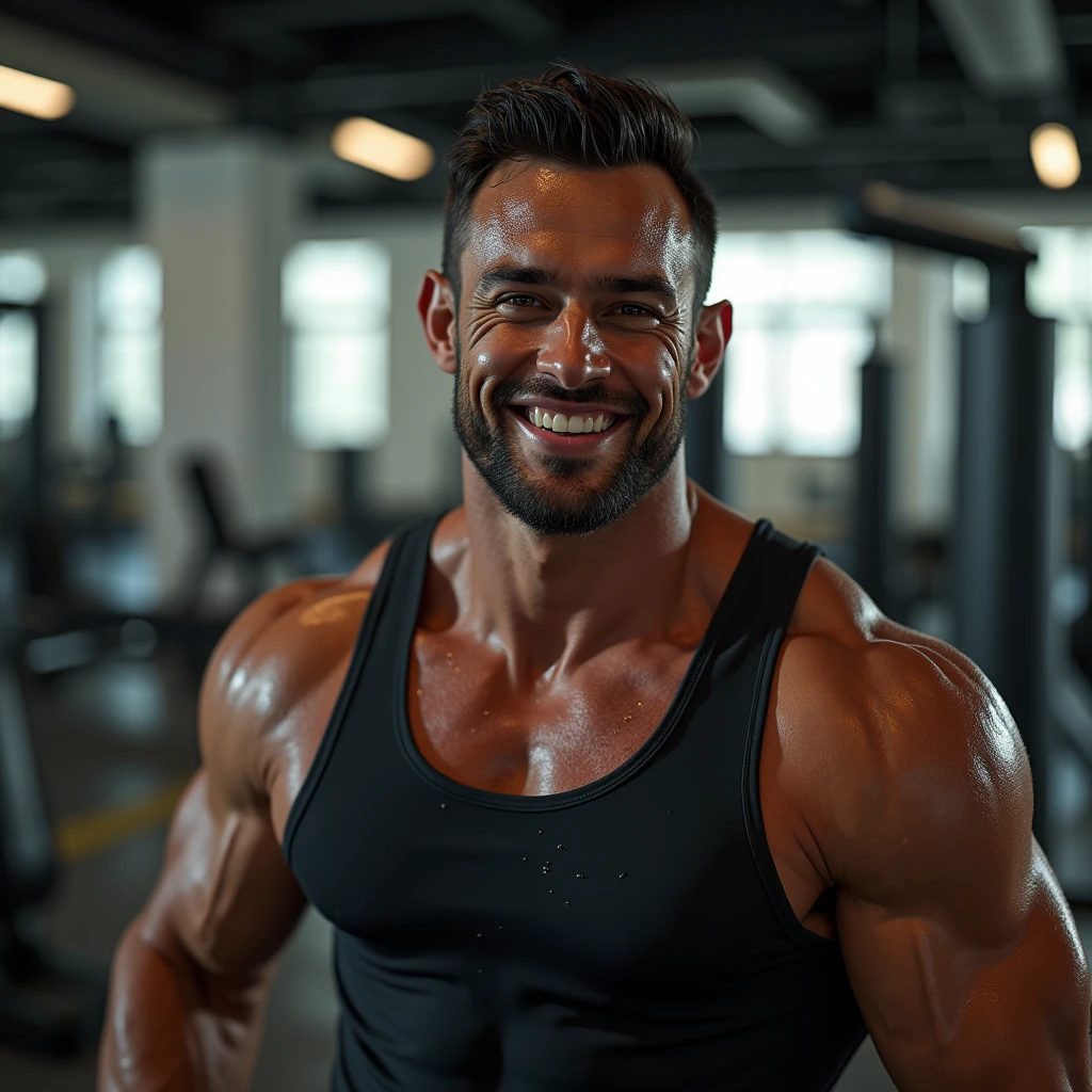 Man in gym, with seductive smile, wearing compression clothing, looking happy, covered in sweat, wearing compression clothing, tired, panting