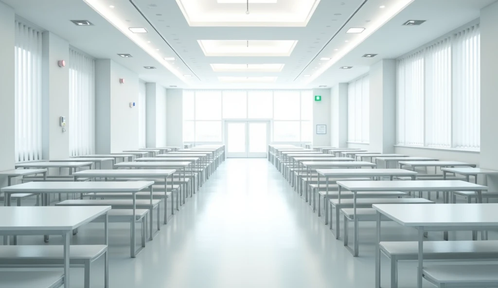 empty white hospital cafeteria with lots of tables