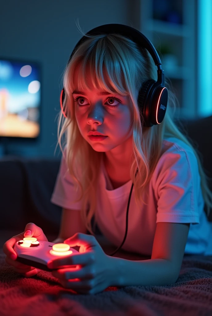 Best quality photo of a photo realistic 13yo blonde girl playing video games in her panties looking confused. Wearing headphones
