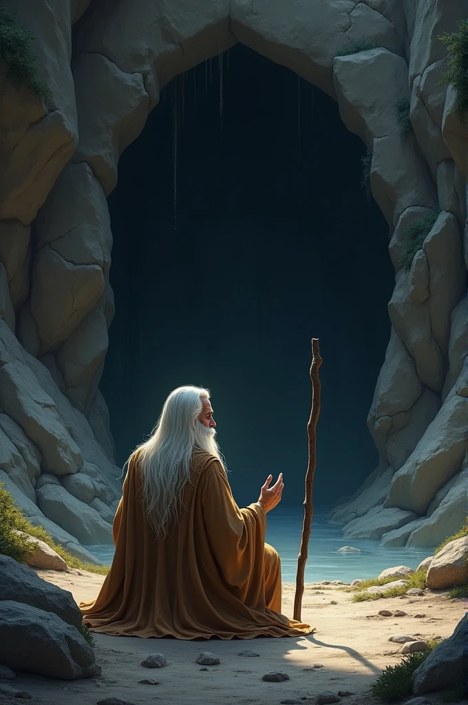 Illustrate Noor meeting an old sage near the entrance of a dark cave. The sage, with a long beard and weathered robes, sits calmly near the cave's entrance. He holds a staff and gazes at Noor with wisdom in his eyes. The cave behind him seems menacing and dark, with strange echoes emanating from within. Noor stands before him, ready to face the tests he speaks of."