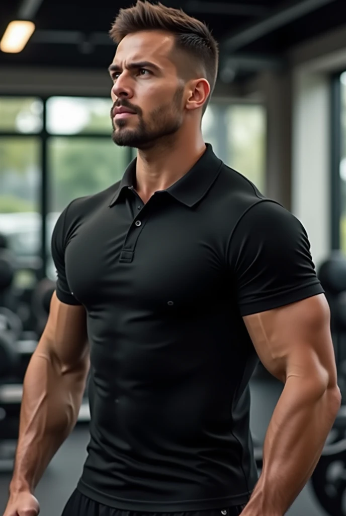 Semi-muscle man (little muscle) at the gym with a black round neck polo, Please make sure the neck is round, not a shirt neck.