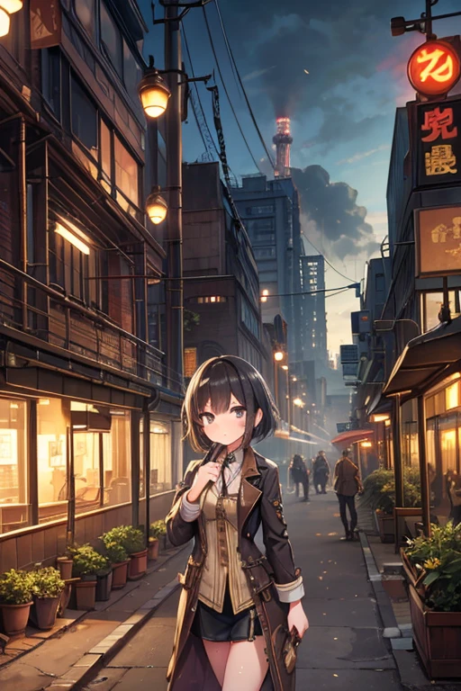 Industrial city, Walling, steampunk, Rusty and heavy, cigarette, cigarette突, factory, gear, mechanical, tall building, tower, The power of steam, Steam pipe, Street lamp, (Cinema Lighting:0.8, Super Detail, bloom)One girl, Work clothes,Dirty Face,Sweat,Wipe your face with your arm