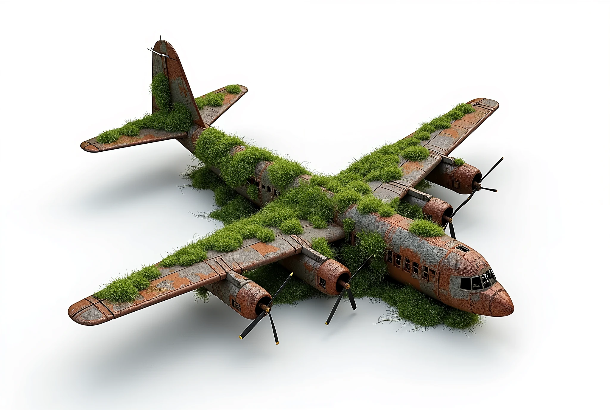 Aerial view of a rusty airplane covered in moss, total white background, complex and realistic details, image for reference model composition, 3D presentation thumbnail. unreal engineer Iray rendering NVIDIA RTX 3060, global lighting studio,