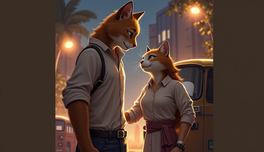 The anthropomorphic male cat, Raghav, with rugged brown fur, looks at the female cat with affection in his eyes. He stands confidently beside his auto-rickshaw, one hand resting on the vehicle, his posture relaxed but earnest. The female cat, with sleek white fur and a soft expression, stands close to him, a hint of a smile playing on her lips. The warm glow from the streetlights bathes them in a soft light, making the moment feel intimate and sincere. The quiet street around them and the subtle rustling of leaves in the night breeze create a peaceful backdrop for their exchange