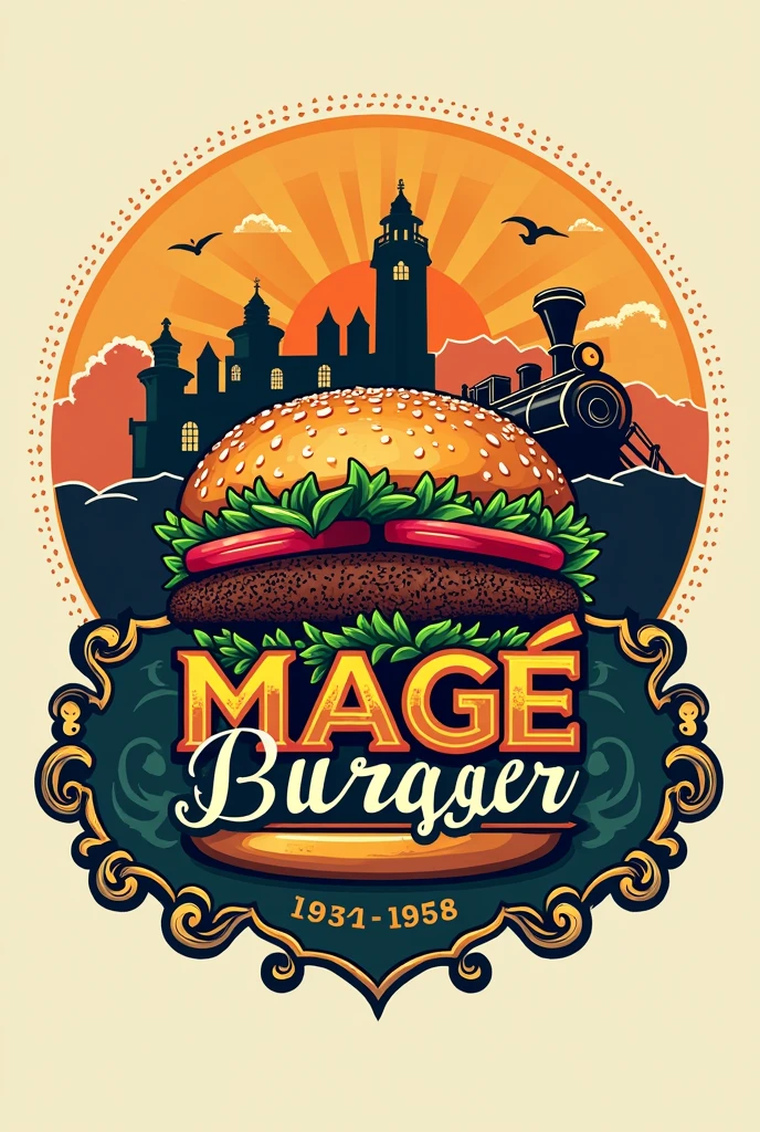 Create a logo for a burger joint called “Magé Burguer” that contains the city’s historical elements: The oldest city in Rio de Janeiro is where the Portuguese first set foot.. There you will find the first railway line in Brazil. Baron of Mauá lived in this city. Father José de Anchieta passed through the city. Mané Garrincha was born there. I want the logo to express the characters well.