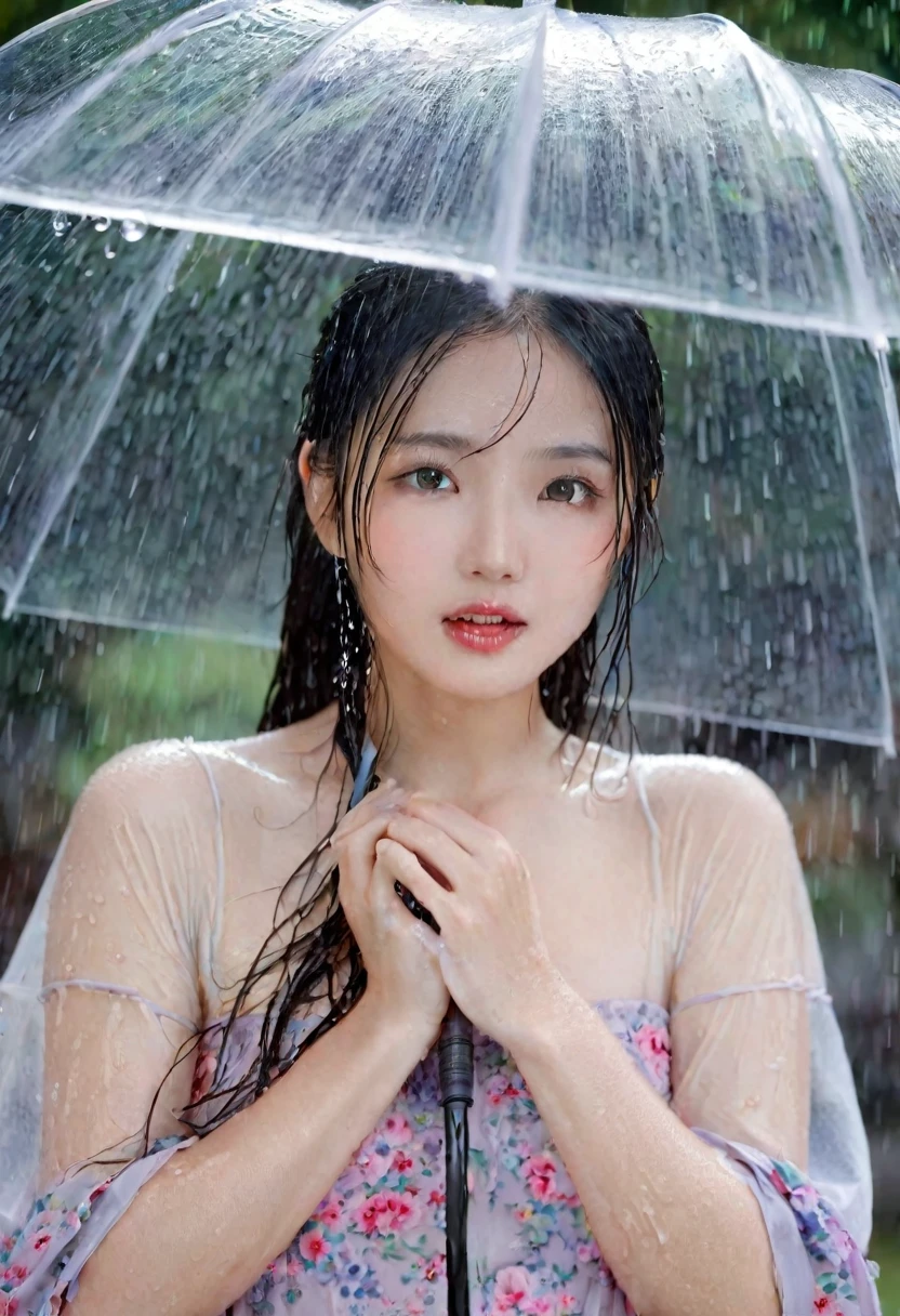 she likes to be very wet a high-resolution image capturing a young model with long, straight, wet hair covering her face under a Strom rain
with a water hose. the obscured face emits a cute, youthful vibe reminiscent of a 1 actress/model year 16 asian. she adorns an elegant, voluminous gala dress with a floral pattern and voluminous sleeves,