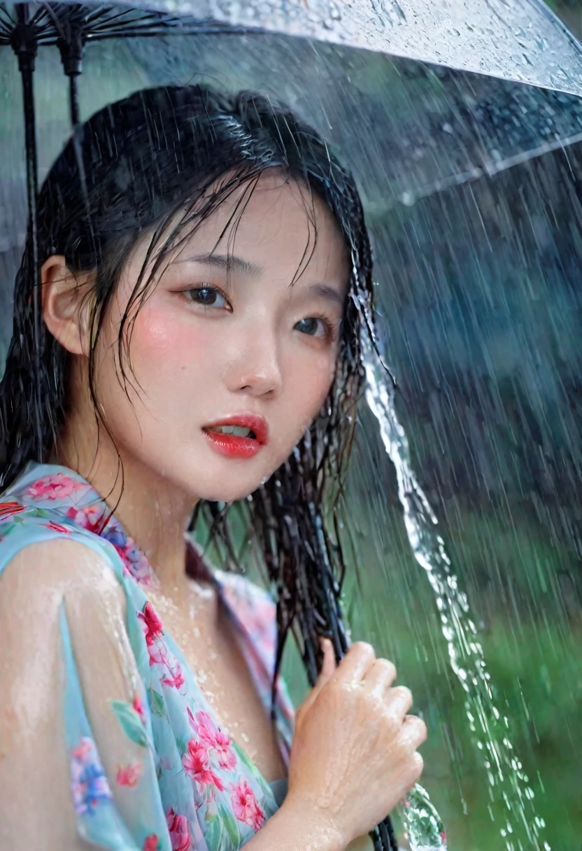 she likes to be very wet a high-resolution image capturing a young model with long, straight, wet hair covering her face under a Strom rain
with a water hose. the obscured face emits a cute, youthful vibe reminiscent of a 1 actress/model year 16 asian. she adorns an elegant, voluminous gala dress with a floral pattern and voluminous sleeves,