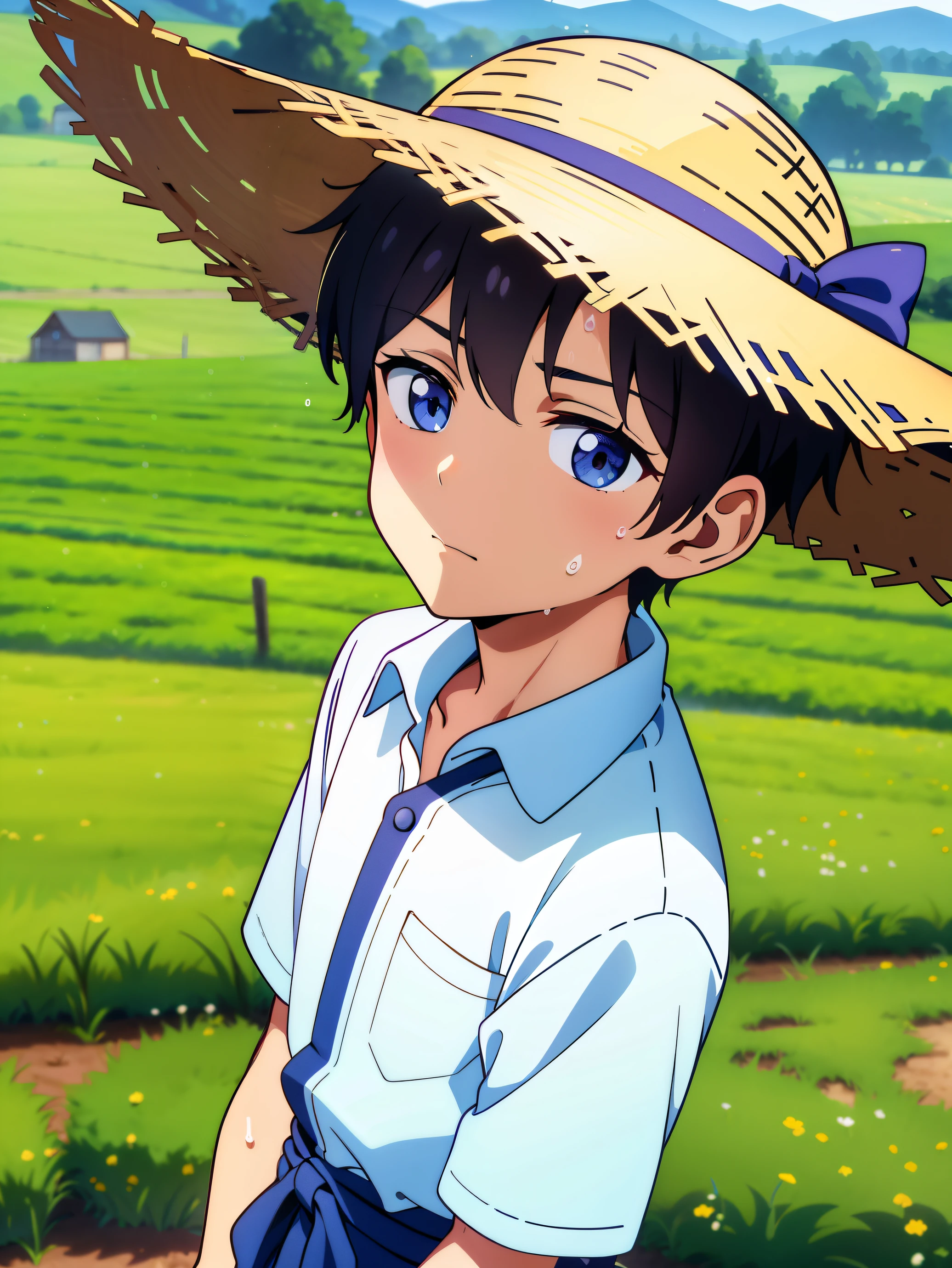 Highres, Masterpiece, Best quality at best,Best Quality,hight quality, hight detailed, Anime style, 1boy, a young farmer, straw hat, simple clothes, cuddle, pretty face, Shota, young boy, t, 15-years-old, handsome,(very young boy), (very small and short body), farm beckground, cute boy, Uhd, bokeh, sweat