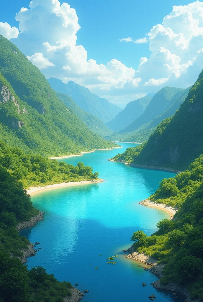 A meandering river and a blue lake on the map.