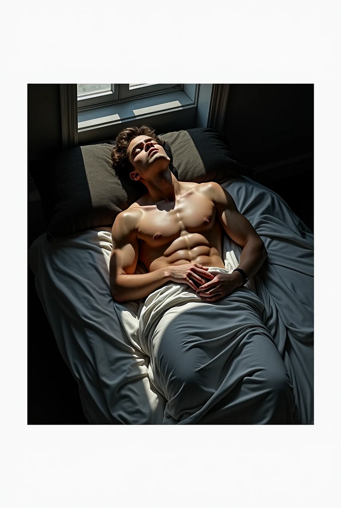 chiaroscuro technique on sensual illustration of an arafed man resting in white blanket, sexy masculine, model with attractive body, inspired by Ludovit Fulla, mid-shot of a hunky, the model draped in flowing, thick oil painting by Harumi Hironaka, extremely soft colors, vibrant, highly detailed, malcolm liepke painting, oil on canvas, high contrast, dramatic, refined, tonal, Create high contrast between light and shadow by Leon Polk Smith, memphis abstract minimal art, graphic shapes, minimal art, blue and red, minimal art style, bauhaus art, inspired by El Lissitzky, bold simple shapes, shadow