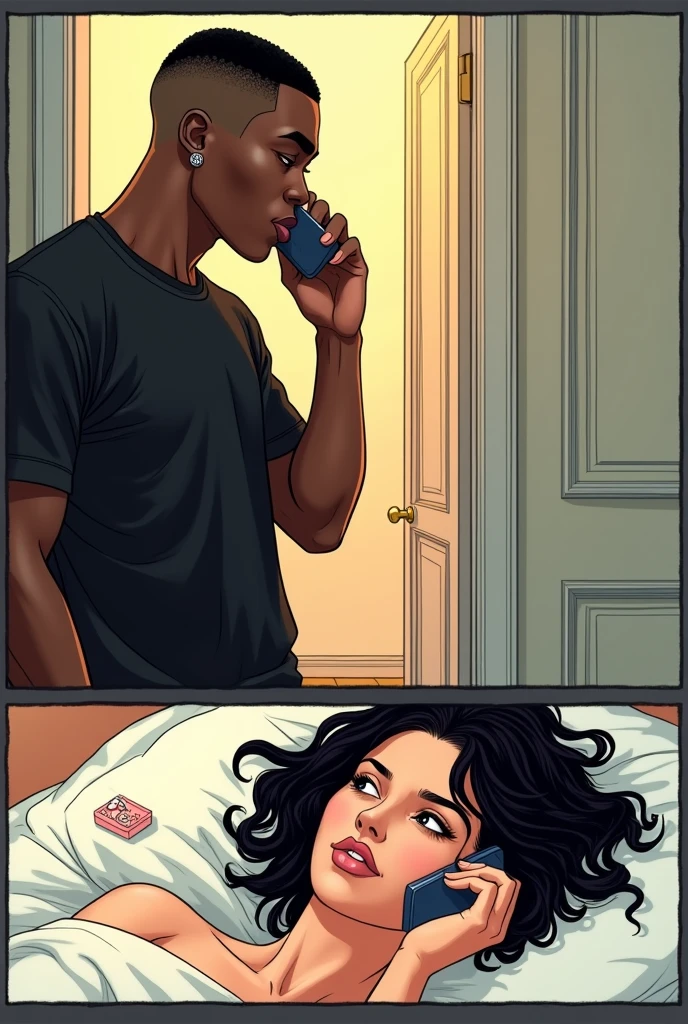 three-part manga-style comic book:
in the first part a black man with short hair shaved on the sides, diamond earrings in the ears, with black shirt, brown eye color. very dark espresso skin color. wide nose, big lips, is standing leaning against the door frame, in a call.
in the second part there is a little box with a ring on top of the bed.
in the third part a white woman with black wavy hair , is lying in bed on the phone