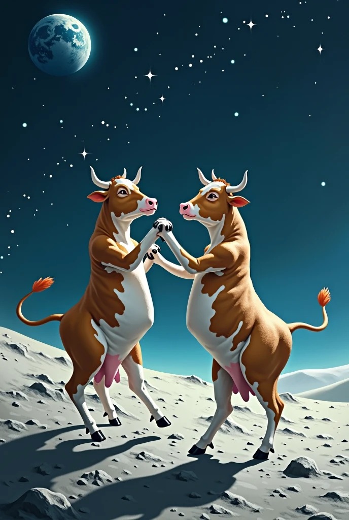 Imagine a surreal scene on the moon where cows in tango outfits are passionately dancing under a starry sky. The cows, in pairs, are performing an elegant tango dance with smooth, flowing movements. The low gravity of the moon is making their dance steps appear unique and floating. The lunar surface is illuminated by the light of Earth on the horizon, with the blue planet visible in the background. The atmosphere is magical and dreamlike, with a humorous touch as these cows take on the art of tango in space