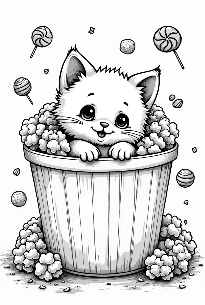 Create a coloring page style drawing with a cute kitten inside a bucket of popcorn with lots of sweets around it