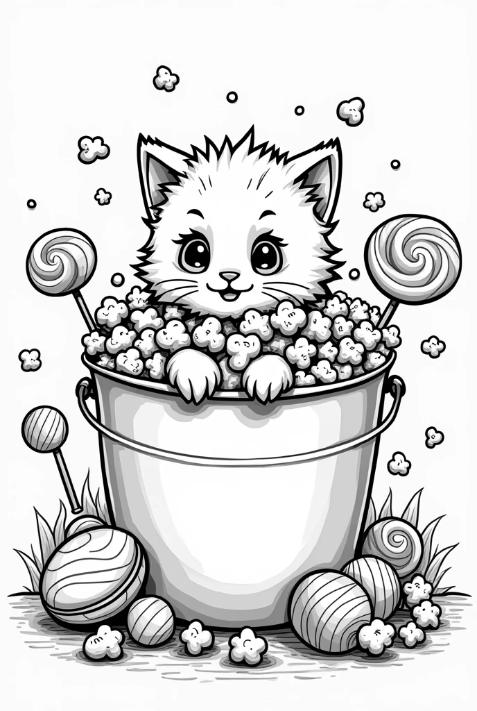 Create a coloring page style drawing with a cute kitten inside a bucket of popcorn with lots of sweets around it