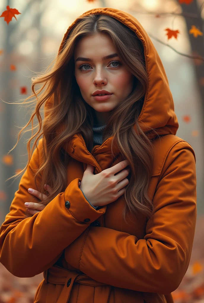 une belle femme américaine blanche dans un manteau d'hiver d'automne, dans le style de Tanya Shatseva, coloriste, vagues, extensions du corps, onde lumineuse, Brume douce, beau