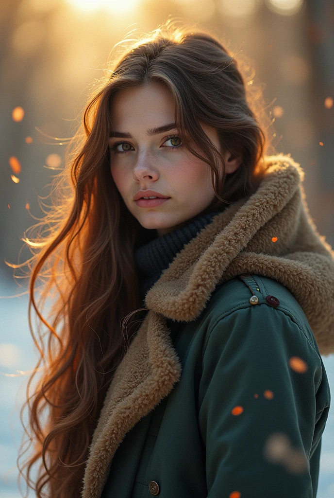 une belle femme américaine blanche dans un manteau d'hiver d'automne, dans le style de Tanya Shatseva, coloriste, vagues, extensions du corps, onde lumineuse, Brume douce, beau