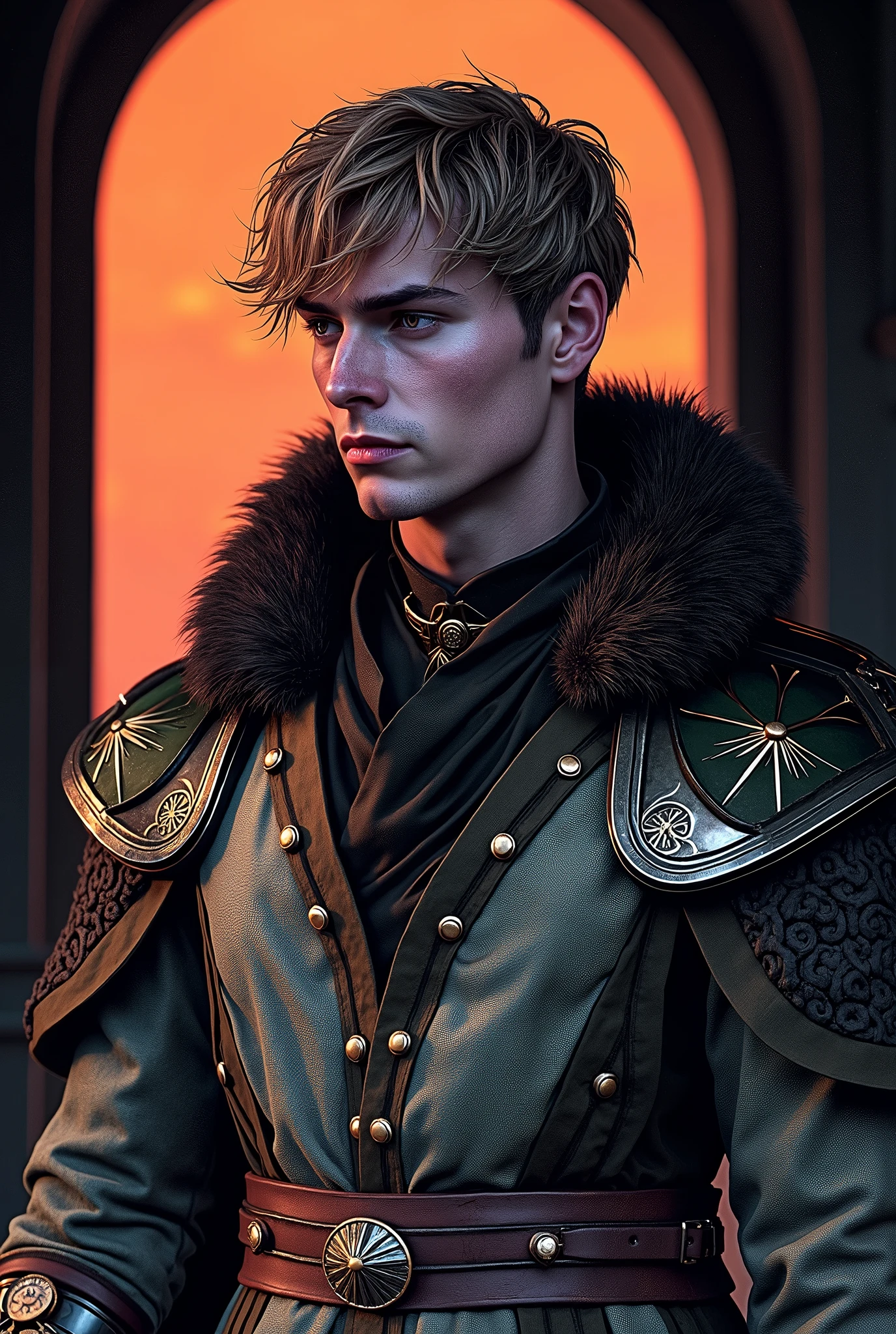 a prince with golden blonde hair, wearing a moss green medieval military outfit, looking forward with piercing emerald green gaze, full body, art by Greg Rutkowski, hyper realistic, cinematic lighting, highly detailed, award winning digital art, stunning, epic, dramatic, masterpiece, 8K, photorealistic, volumetric lighting, atmospheric, moody, dramatic, fantasy, concept art, digital painting, illustration