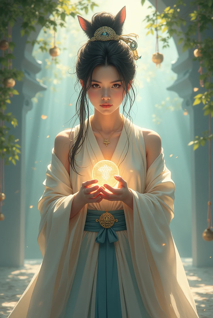 (1girl:1.3),solo,__body-parts__,, official art, unity 8k wallpaper, ultra detailed, beautiful and aesthetic, beautiful, masterpiece, best quality,Fantastical Atmosphere, Calming Palette, Tranquil Mood, Soft Shading,, Miko priestess, charm spell, talisman familiar, shrine maiden duties, triboob_cleavage 