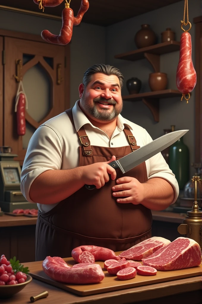 Chubby butcher with a mustache smiling with a knife in his hand