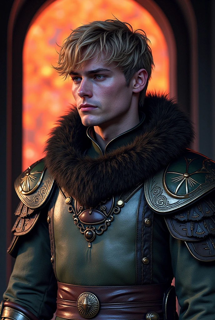 a prince with golden blonde hair, wearing a moss green medieval military outfit, looking forward with piercing emerald green gaze, full body, art by Greg Rutkowski, hyper realistic, cinematic lighting, highly detailed, award winning digital art, stunning, epic, dramatic, masterpiece, 8K, photorealistic, volumetric lighting, atmospheric, moody, dramatic, fantasy, concept art, digital painting, illustration