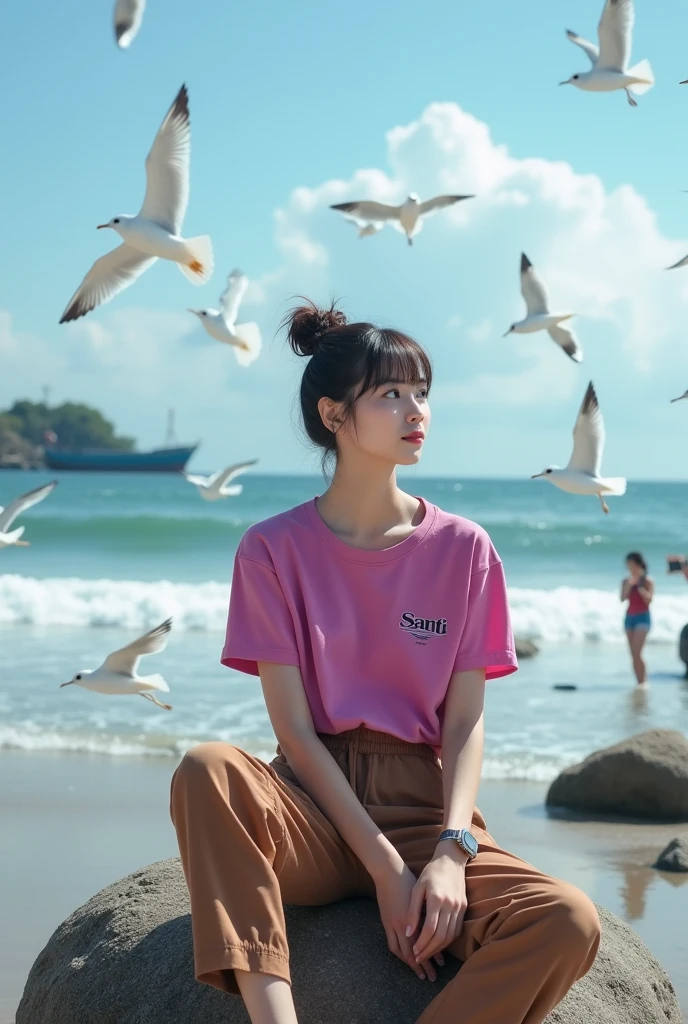 beautiful Indonesian woman , smooth white skin, well-groomed face,Korean style bun hair with bangs, fuchsia t-shirt with Santi logo, Wearing (celana jumpsuit warna coklat),cool watch,
white shoes, berfose sitting on a rock, seashore,dikelilingi burung-burung camar, under the blue cloudy sky, facing the blue sea, seagulls flying in large numbers,there seems to be a fishing boat, orang-orang sedang foto-foto di pantai.. Ocean waves hit the beach.. The view of the beach is amazing.beautiful and blue.. Realistic original photo