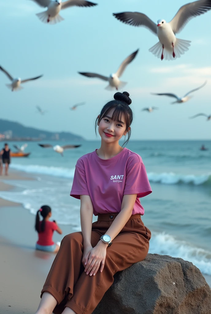 beautiful Indonesian woman , smooth white skin, well-groomed face,Korean style bun hair with bangs, fuchsia t-shirt with Santi logo, Wearing (celana jumpsuit warna coklat),cool watch,
white shoes, berfose sitting on a rock, seashore,dikelilingi burung-burung camar, under the blue cloudy sky, facing the blue sea, seagulls flying in large numbers,there seems to be a fishing boat, orang-orang sedang foto-foto di pantai.. Ocean waves hit the beach.. The view of the beach is amazing.beautiful and blue.. Realistic original photo