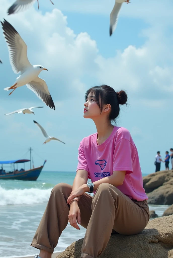 beautiful Indonesian woman , smooth white skin, well-groomed face,Korean style bun hair with bangs, fuchsia t-shirt with Santi logo, Wearing (celana jumpsuit warna coklat),cool watch,
white shoes, berfose sitting on a rock, seashore,dikelilingi burung-burung camar, under the blue cloudy sky, facing the blue sea, seagulls flying in large numbers,there seems to be a fishing boat, orang-orang sedang foto-foto di pantai.. Ocean waves hit the beach.. The view of the beach is amazing.beautiful and blue.. Realistic original photo