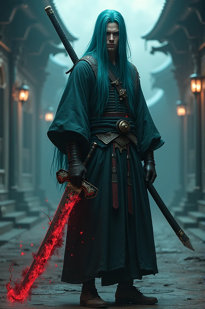 Now I create a character with samurai clothes, straight hair and long hair down to the hips, blue-green in color and with his eye covered with his high hair and a red and black sword called Demon Kibutsai