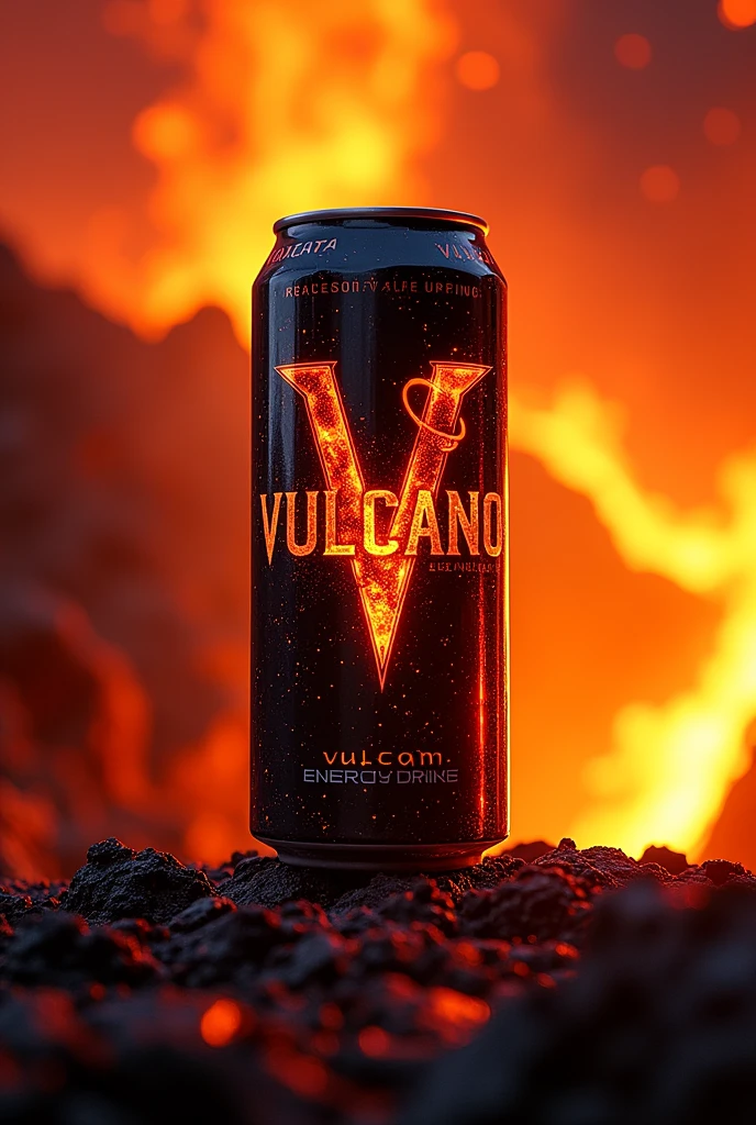 Vulcano brand energy drink in a can with lava slogan energy drink black colors,red ,orange and yellow