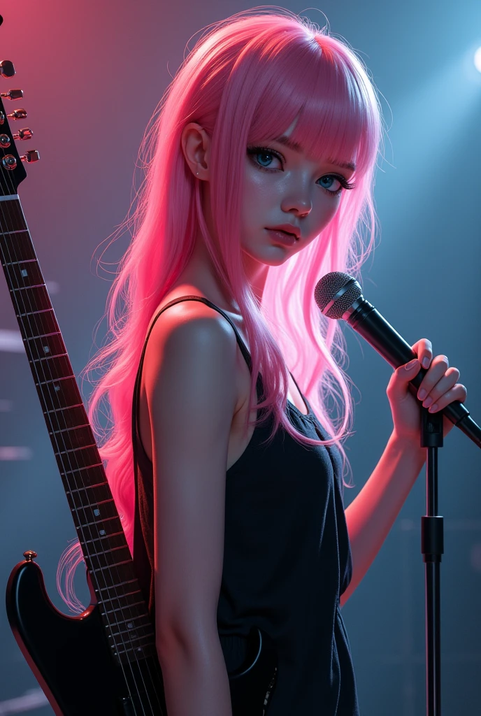 Woman with long pink hair, He is standing with his back turned with a microphone in his hand and his face in profile, On the back of her back she has an electric guitar and her dress is black, 20 year old woman with sweet face, blue eyes, she close up and real woman background scenery, hyperrealistic 4k ((ultra realistic))) Photo, masterpiece, top quality, (Pale skin), (Ultra detailed face and eyes.:1.3), 1 girl, Adult BLACK DRESS AND STAGE BACKGROUND, BLACK GUITAR AND LET IT BE NOTICED