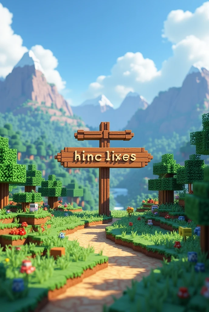An animated minecraft background with a sign on a large part of a photo