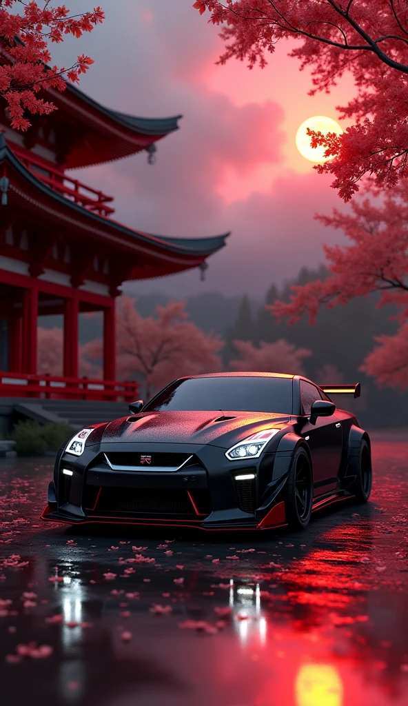 A masterfully crafted 8k art photography of a sleek, modified Nissan GTR NISMO in JDM color, showcasing black and red metallic tones. The car is meticulously placed amidst a serene Japanese temple, surrounded by vibrant red cherry blossom sakura petals that float through the air,There is a red full moon in the dark, cloudy sky.. The composition is a seamless blend of photorealistic concept art and cinematic lighting, reminiscent of the masterful techniques employed by Raphael, Caravaggio, and Greg Rutkowski. The render showcases natural volumetric lighting, with soft, perfect shadows that evoke a chiaroscuro effect. The image pays homage to the works of artists such as Beeple, Beksinski, and H.R. Giger and is sure to captivate and inspire viewers with its breathtaking beauty and attention to, 3d render, cinematic, photo
