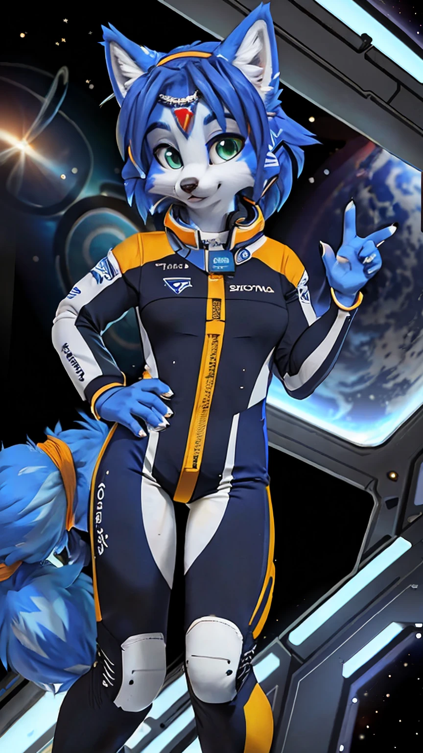 a picture of ((krystal)), Star Fox krystal, sslim, lovable, green eyes, medium breasts, (((Long blue hair 1.3))), Decollete, anthro, furry, Uploaded E621, detailed fluffys fell, (von Fluff-Kevlar, Bayard Wu, Pino Daeni), detailed face, (fluffy), 1 girl, alone, sweet girl, (((hole body))), (((trägt einen gepanzertzen spacesuit:1.3))), (((floating in space))), galaxy, spacesuit,