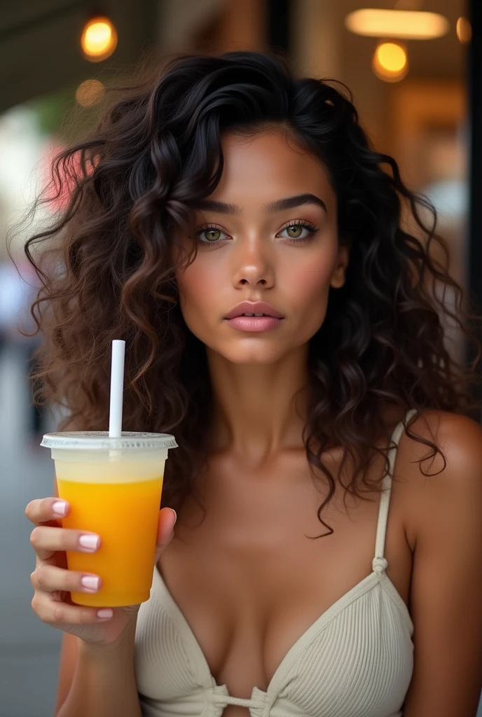 high resolution, masterpiece : 1,2), (realistic : 1,37), (best quality, high resolution, ultra-detailed girl, realistic) Fille aux yeux marrons verts (noisettes) and very dark brown curly hair falling over her shoulders with mixed skin. Elle tient dans sa main un bubble tea jaune. On voit derrière elle des magasins mais il sont floutes. Sa peau est métis, elle habite en France elle n'est pas chinoise. Elle ne sourit pas mais est très belle.