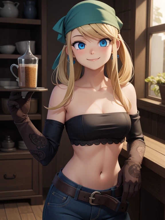 winryrockbell, winry rockbell, blue eyes, blonde hair, BREAK gloves, navel, cleavage, bare shoulders, collarbone, earrings, midriff, pants, stomach, bare arms, strapless, bandana, bandeau, tube top, grey gloves,BREAK smiling, teeth, one eye closed BREAK holding a wench BREAK indoors, BREAK looking at viewer, BREAK (masterpiece:1.2), best quality, high resolution, unity 8k wallpaper, (illustration:0.8), (beautiful detailed eyes:1.6), extremely detailed face, perfect lighting, extremely detailed CG, (perfect hands, perfect anatomy),
