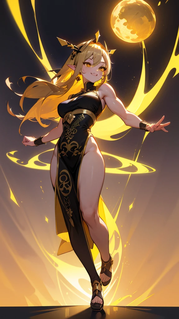 1girl, Solo, High Resolution, Blush, Accurate, Masterpiece, Long Hair, Breasts, Earrings, Pointy Ears, Wide Hips, Lean, Muscular, Smile, Yellow Eyes, Black Sclera, Fang, Out Of This World Background, White Qipao, Gold Trims, Gold Greek Headpiece, Glowing Iris, Full Body Shot