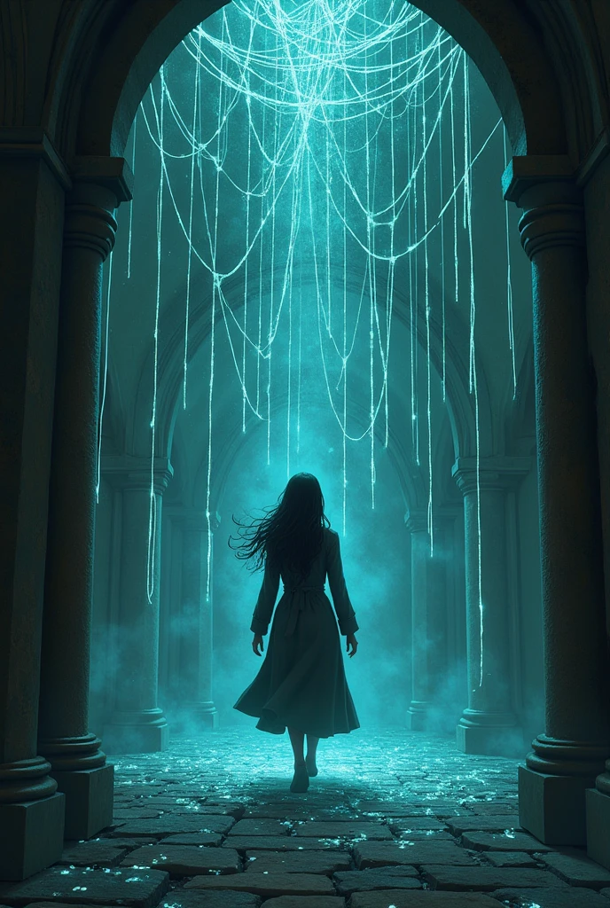 Depict Noor as she navigates through a complex web of lies in the form of glowing threads hanging in a dark, enchanted room. Noor walks carefully, her face filled with determination, as she uses her honesty and wit to avoid the deceptive traps. The room is filled with shifting shadows, creating an air of mystery and tension."