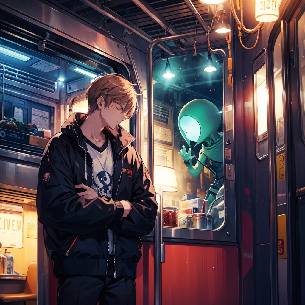 Cool guy leans on a sleeping alien on a night train