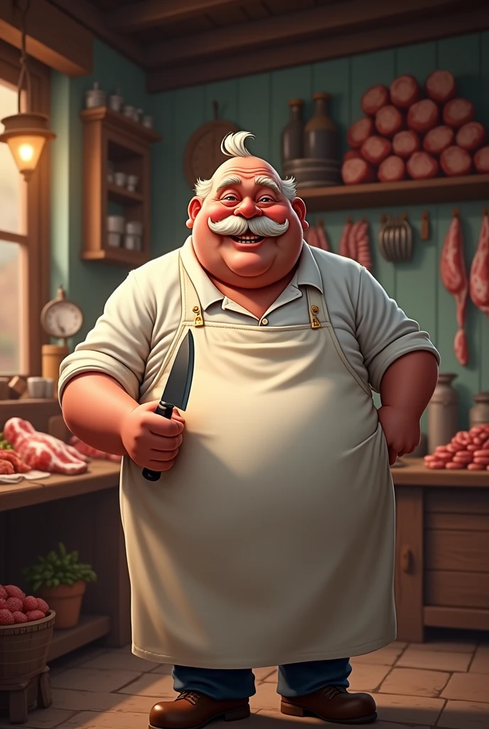 Chubby elderly butcher with a mustache smiling with a knife in his hand