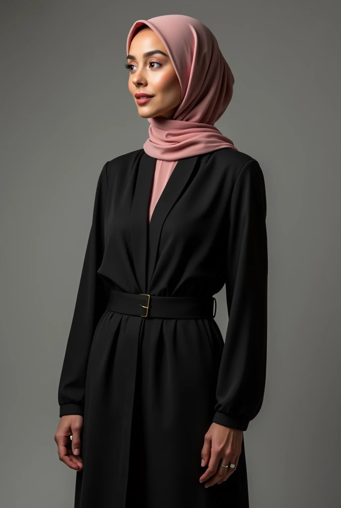 a woman with a black simple yet elegant design abaya with less lose sleeves with dusty rose pink hijab without belt on bottom