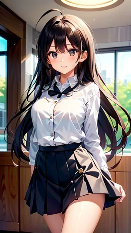 ((masterpiece, Highest quality)), (One girl), (alone), (Focus on women), (Ahoge, Black Hair, Very long hair), Brown eyes, A light smile, Open your mouth, ((White shirt), (Buttoned shirt), (Button gap)), ((Black Skirt), (Short skirt)), Are standing, White Background, Put your arms behind your back, Dynamic Angle,
