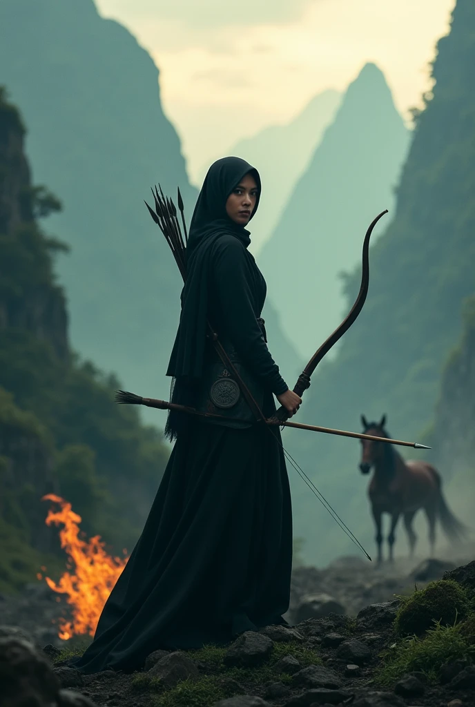 Beautiful malay muslim woman,martial art,hijab, martial arts,black dress,bow arrow, horse riding, mountain,war,epic