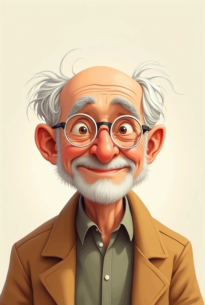 A CUTE OLD MAN WITH WHITE GLASSES WITH NO HAIR ON TOP ONLY ON THE SIDES OF HIS HAIR, DO AS DRAWING
