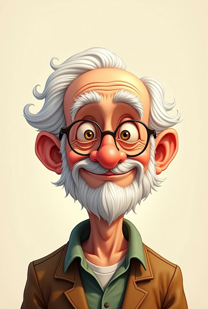 A CUTE OLD MAN WITH WHITE GLASSES WITH NO HAIR ON TOP ONLY ON THE SIDES OF HIS HAIR, DO AS DRAWING