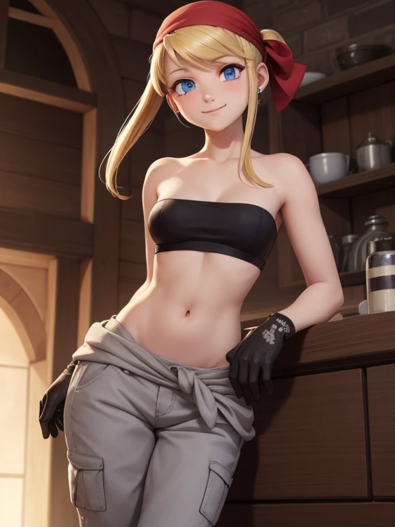 winryrockbell, winry rockbell, blue eyes, blonde hair, BREAK gloves, navel, cleavage, bare shoulders, collarbone, earrings, midriff, pants, stomach, bare arms, strapless, bandana, bandeau, tube top, grey gloves,BREAK smiling, teeth, one eye closed BREAK holding a wench BREAK indoors, BREAK looking at viewer, BREAK (masterpiece:1.2), best quality, high resolution, unity 8k wallpaper, (illustration:0.8), (beautiful detailed eyes:1.6), extremely detailed face, perfect lighting, extremely detailed CG, (perfect hands, perfect anatomy),
