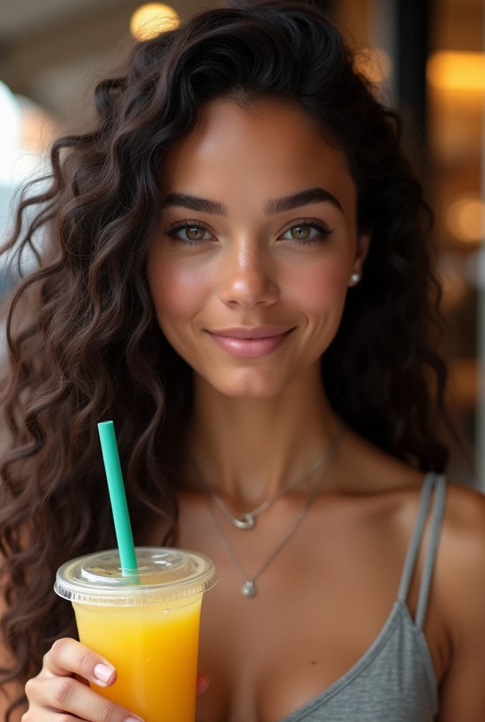 high resolution, masterpiece : 1,2), (realistic : 1,37), (best quality, high resolution, ultra-detailed girl, realistic) Fille aux yeux marrons verts (noisettes) and very dark brown curly hair falling over her shoulders with mixed skin. Elle tient dans sa main un bubble tea jaune. On voit derrière elle des magasins mais il sont floutes. Sa peau est métis, elle habite en France elle n'est pas chinoise. Elle ne sourit pas mais est très belle.